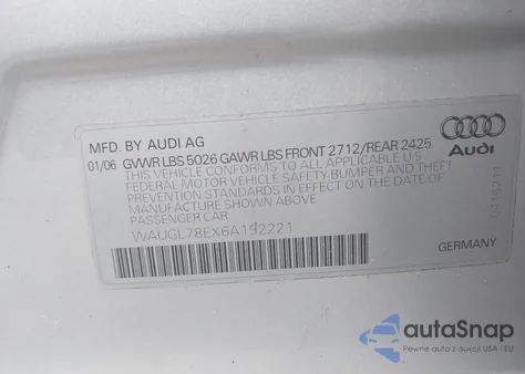2006 Audi S4 4.2 from USA, damaged, VIN WAUGL78EX6A192221